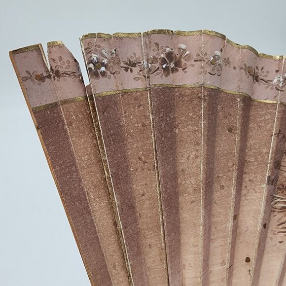 Antique Hand Painted Folding Hand Fan Elegant Ladies Design Wooden Ribs Wall Art - Picture 8 of 11